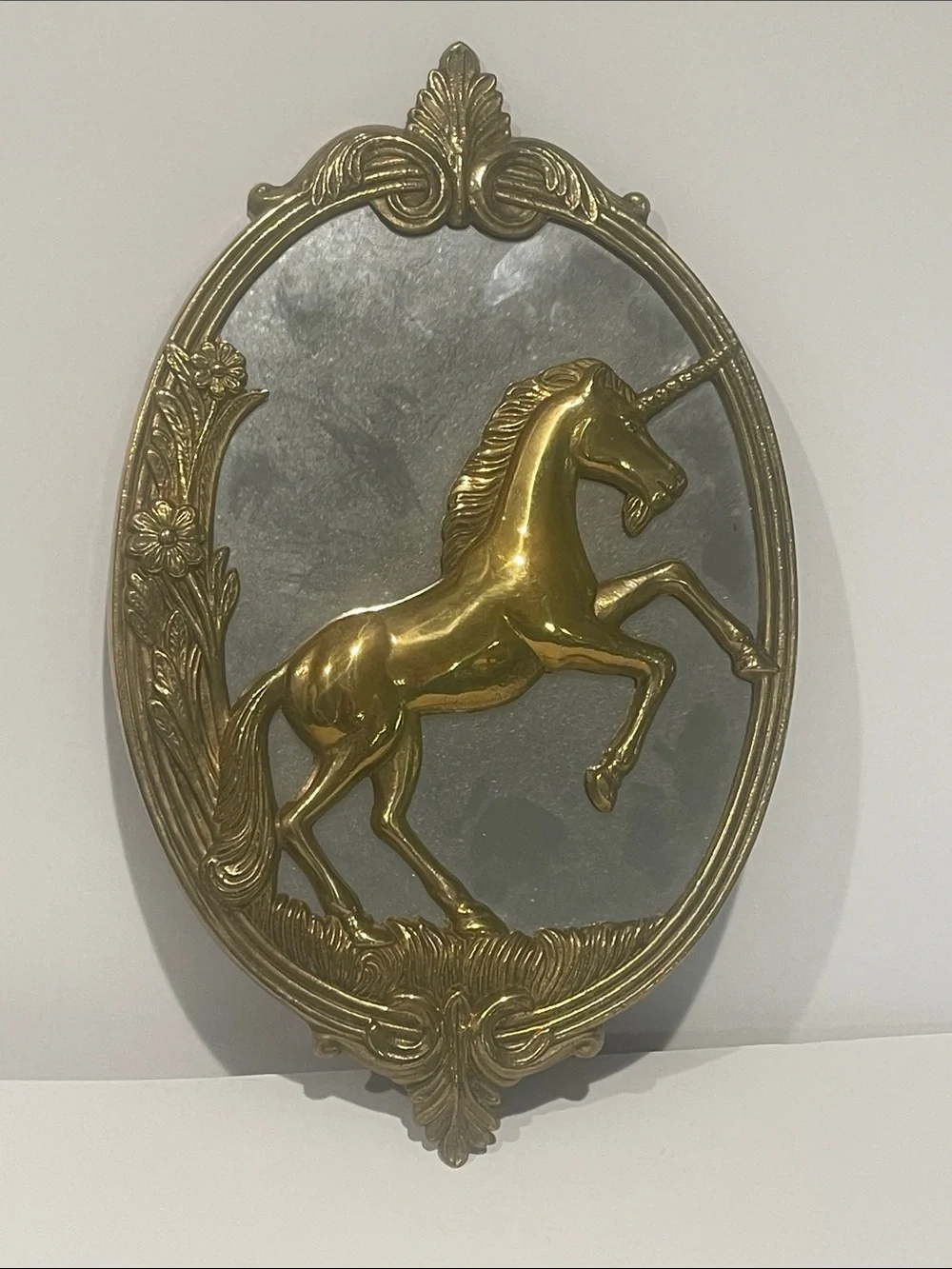 Vintage Brass Unicorn Wall Plaque Gold Mirror Accent oval mystical